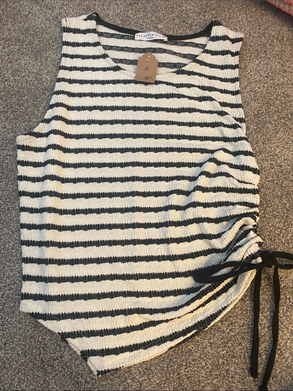 Washed Stripe Sleeveless Drawstring Tank Top - Black & White